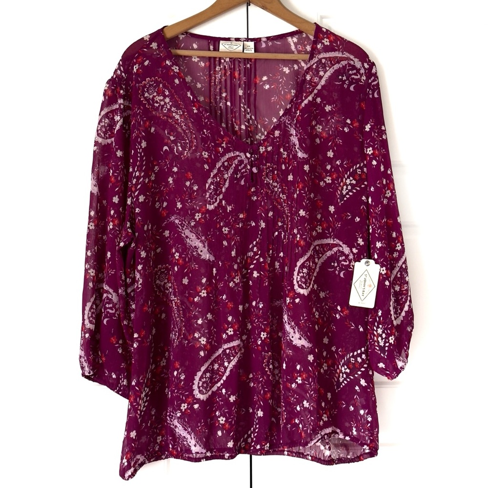 St Johns Bay Floral Tunic Blouse Women 2X Purple Popover Boho Chic Chiffon Sheer